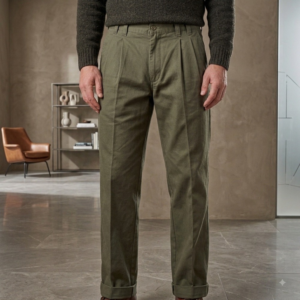 Duck Head Chinos Men 34x32 Olive Green Classic Pleat Front Cuffed Cotton Pants